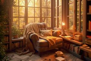 a relaxing in a comfortable armchair by a window, with soft sunlight streaming in. photo