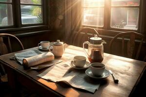 Mañana café y periódico en un acogedor desayuno mesa. foto