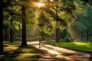 un persona trotar en un parque, disfrutando su diario ejercicio rutina foto