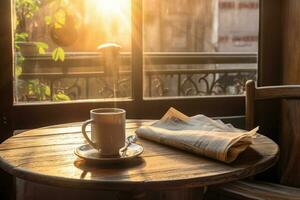 Mañana café y periódico en un acogedor desayuno mesa. foto