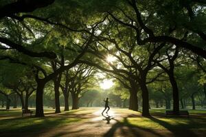 un persona trotar en un parque, disfrutando su diario ejercicio rutina foto