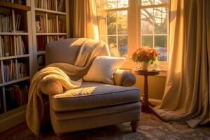 a relaxing in a comfortable armchair by a window, with soft sunlight streaming in. photo