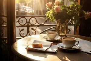 Mañana café y periódico en un acogedor desayuno mesa. foto