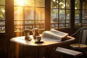 Morning coffee and newspaper on a cozy breakfast table. photo