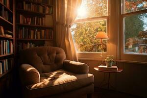 un relajante en un cómodo Sillón por un ventana, con suave luz de sol transmisión en. foto