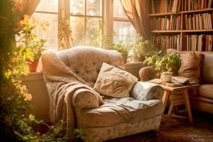 a relaxing in a comfortable armchair by a window, with soft sunlight streaming in. photo