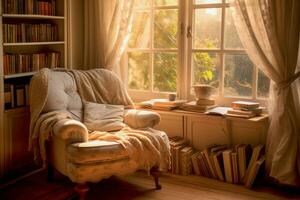 a relaxing in a comfortable armchair by a window, with soft sunlight streaming in. photo