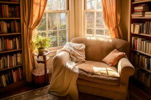 un relajante en un cómodo Sillón por un ventana, con suave luz de sol transmisión en. foto