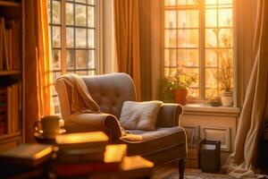 un relajante en un cómodo Sillón por un ventana, con suave luz de sol transmisión en. foto
