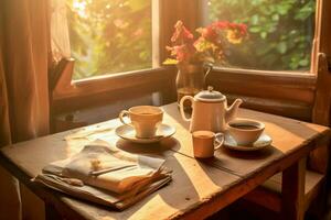 Mañana café y periódico en un acogedor desayuno mesa. foto