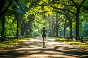 un persona trotar en un parque, disfrutando su diario ejercicio rutina foto