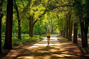 un persona trotar en un parque, disfrutando su diario ejercicio rutina foto