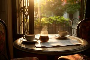 Mañana café y periódico en un acogedor desayuno mesa. foto