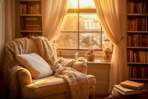 un relajante en un cómodo Sillón por un ventana, con suave luz de sol transmisión en. foto