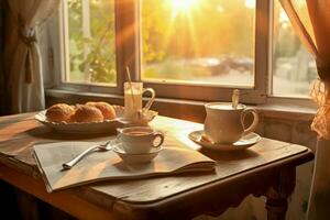 Mañana café y periódico en un acogedor desayuno mesa. foto