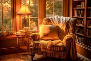 a relaxing in a comfortable armchair by a window, with soft sunlight streaming in. photo