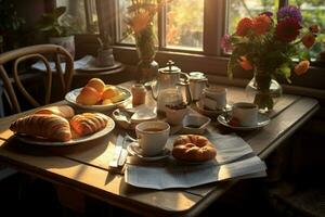 Mañana café y periódico en un acogedor desayuno mesa. foto