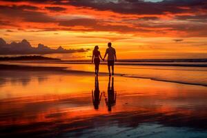 Pareja tomando un sin prisa caminar en el playa, participación manos y disfrutando el puesta de sol. foto