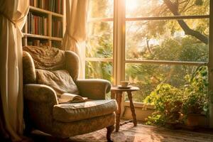 un relajante en un cómodo Sillón por un ventana, con suave luz de sol transmisión en. foto