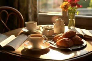 Mañana café y periódico en un acogedor desayuno mesa. foto