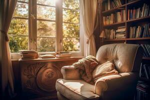 un relajante en un cómodo Sillón por un ventana, con suave luz de sol transmisión en. foto