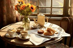 Mañana café y periódico en un acogedor desayuno mesa. foto