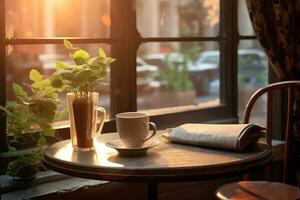 Mañana café y periódico en un acogedor desayuno mesa. foto