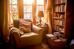 a relaxing in a comfortable armchair by a window, with soft sunlight streaming in. photo
