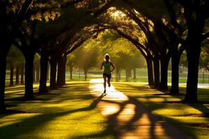 un persona trotar en un parque, disfrutando su diario ejercicio rutina foto