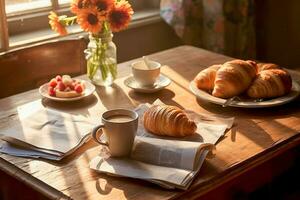 Mañana café y periódico en un acogedor desayuno mesa. foto