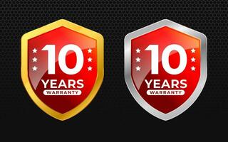 10 years warranty with glossy gold and silver vector shield shape. for label, seal, stamp, icon, logo, badge, symbol, sticker, button