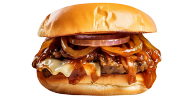 Delicious caramelized onion burger on transparent background png