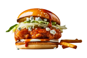 Delicious buffalo chicken burger on transparent background png