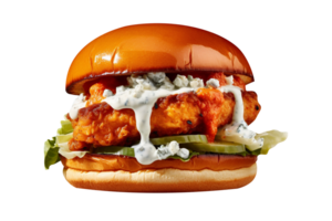 Delicious buffalo chicken burger on transparent background png