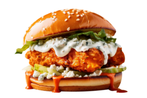 Delicious buffalo chicken burger on transparent background png