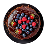 Delicious chocolate cake decorated with fresh berries on png background