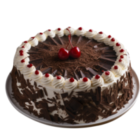 Delicious black forest cake decorated with fresh cherries on png background