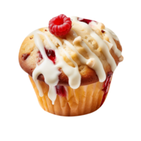 Tasty raspberry muffin with white chocolate on png background