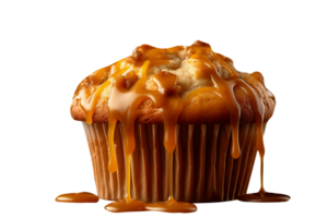 Tasty muffin with caramel sauce on png background