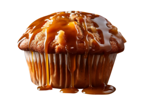 Tasty muffin with caramel sauce on png background