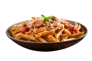 Penne pasta with tomato sauce, parmesan cheese and basil on transparent background png