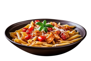 Penne pasta with tomato sauce, parmesan cheese and basil on transparent background png