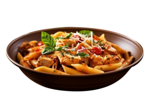 Penne pasta with tomato sauce, parmesan cheese and basil on transparent background png