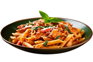 Penne pasta with tomato sauce, parmesan cheese and basil on transparent background png