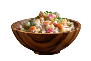 Bowl of tasty russian salad isolated on transparent background png