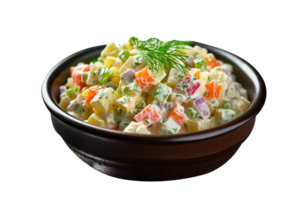 Bowl of tasty russian salad isolated on transparent background png