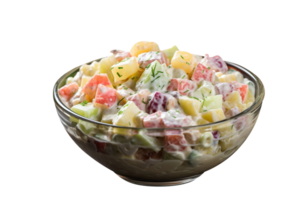 Bowl of tasty russian salad isolated on transparent background png