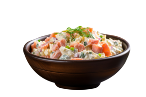 Bowl of tasty russian salad isolated on transparent background png