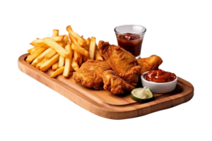 Fried chicken with french fries on png background