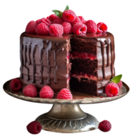 Delicious chocolate cake with chocolate icing and raspberries on transparent background png